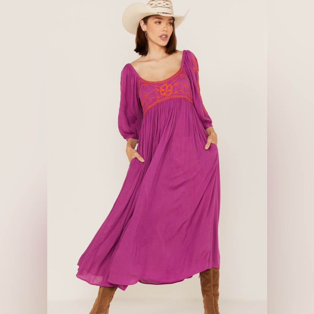 Free People Embroidered Long Puff Sleeve Midi Dress